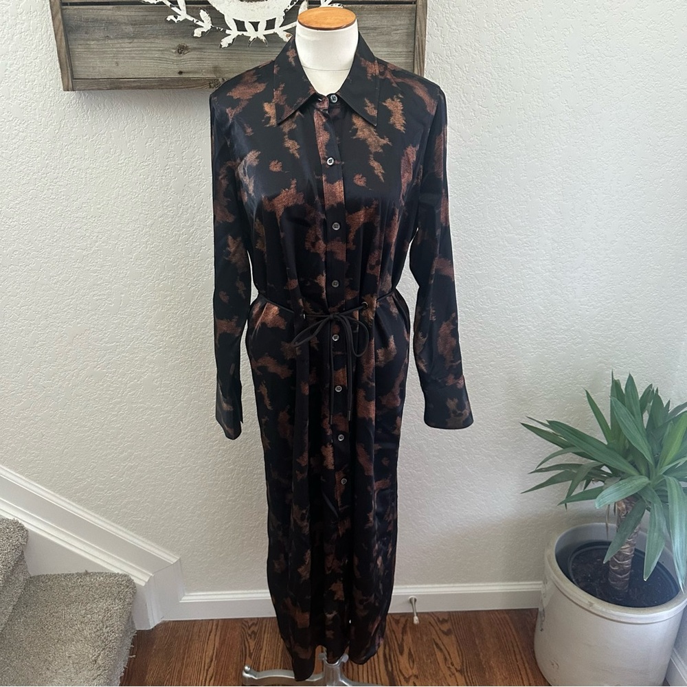 Rails Anina Long Black and Brown Button-Front Shirt Dress with Tie Waist size‎ L